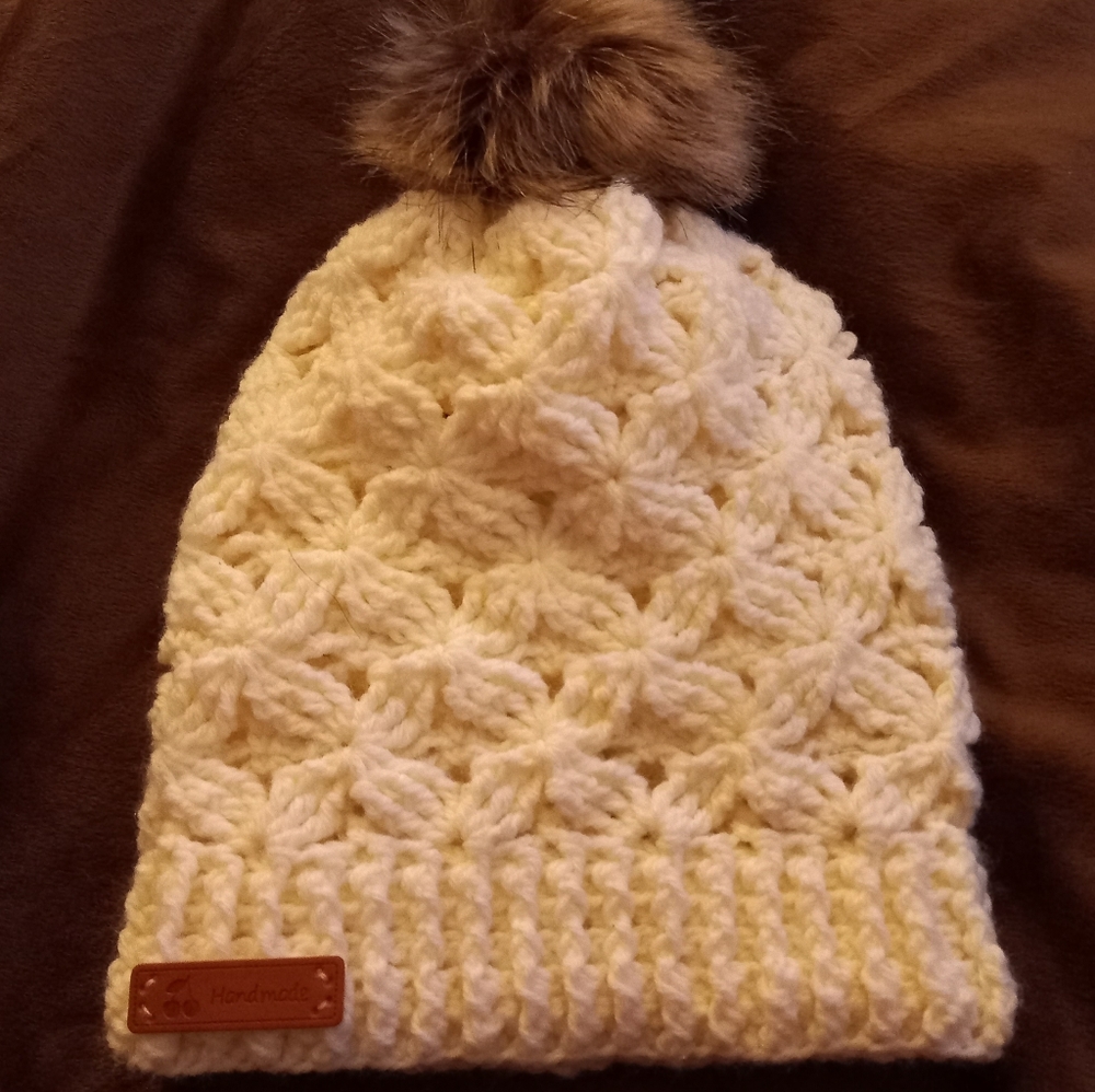 Handmade Crocheted Beanie Hat with removable faux Fur-Ball
